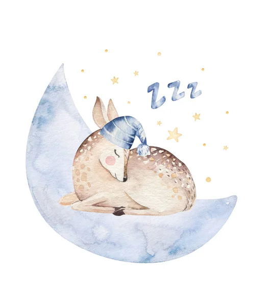 Cute dreaming cartoon deer animal hand drawn watercolor illustration. Sleeping charecher kids nursery wear fashion design, baby shower invitation