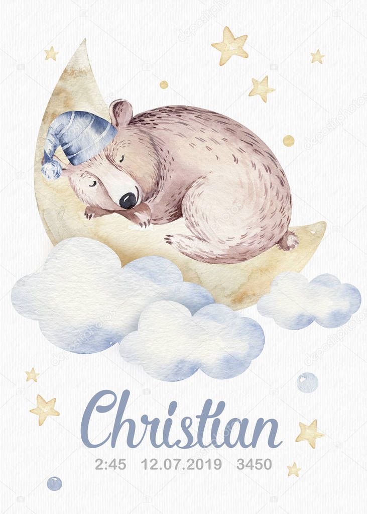 Cute dreaming cartoon bear animal hand drawn watercolor illustration. Can be used for t-shirt print, kids nursery wear fashion design, baby shower invitation card.