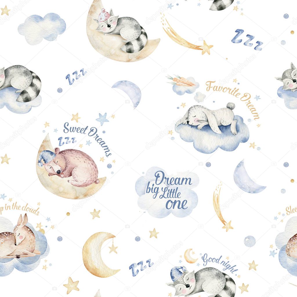 Cute dreaming cartoon animal hand drawn watercolor seamless pattern. Can be used for t-shirt print, kids nursery wear fashion design, baby shower