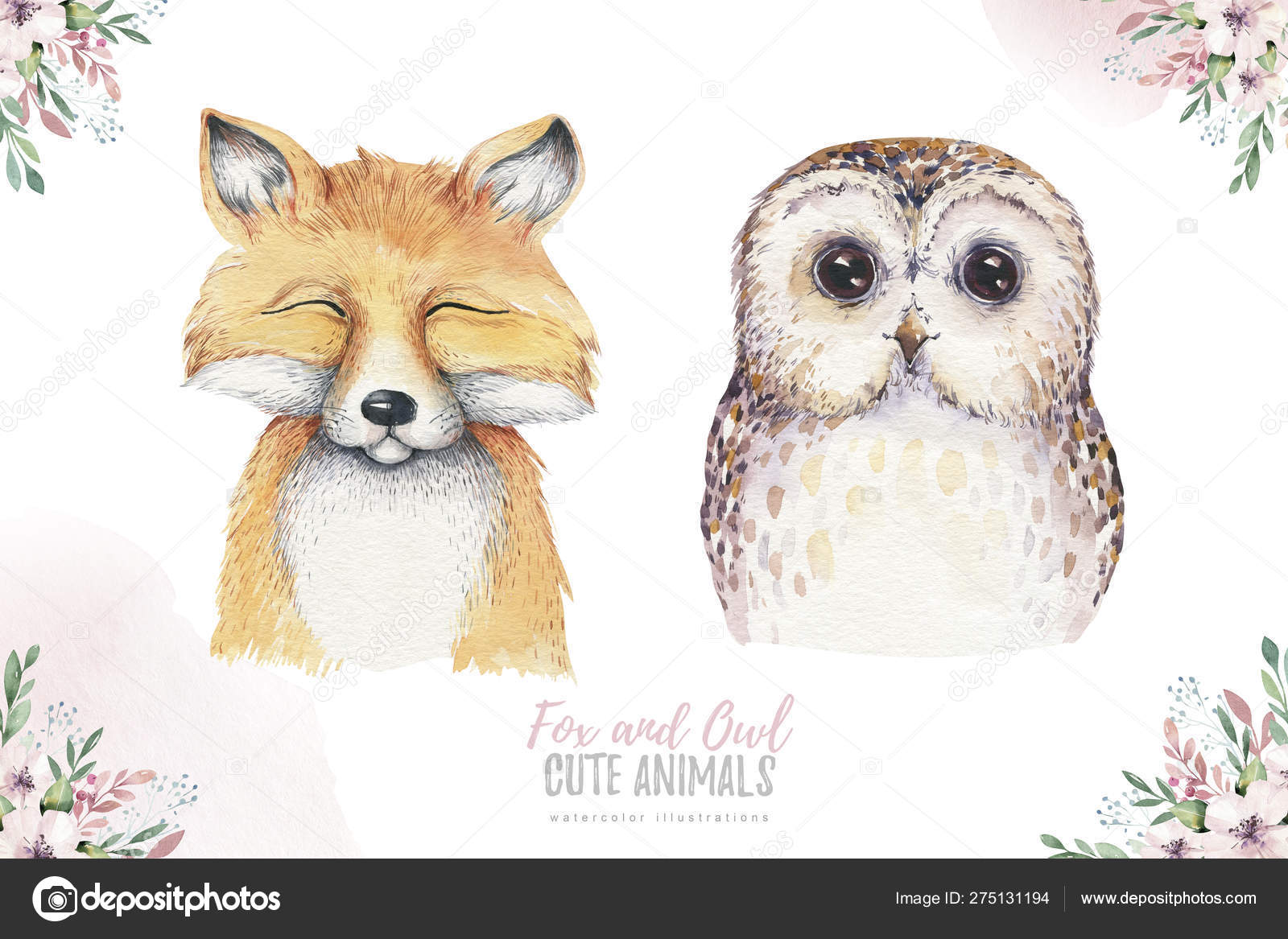 Watercolor Set Forest Cartoon Isolated Cute Baby Fox Deer Raccoon