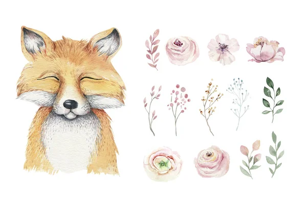 Aquarell Wald Karikatur Isoliert Niedlich Baby Fuchs Tier Mit Blumen — Stockfoto
