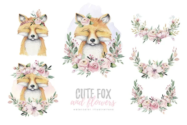 Aquarell Wald Karikatur Isoliert Niedlich Baby Fuchs Tier Mit Blumen — Stockfoto