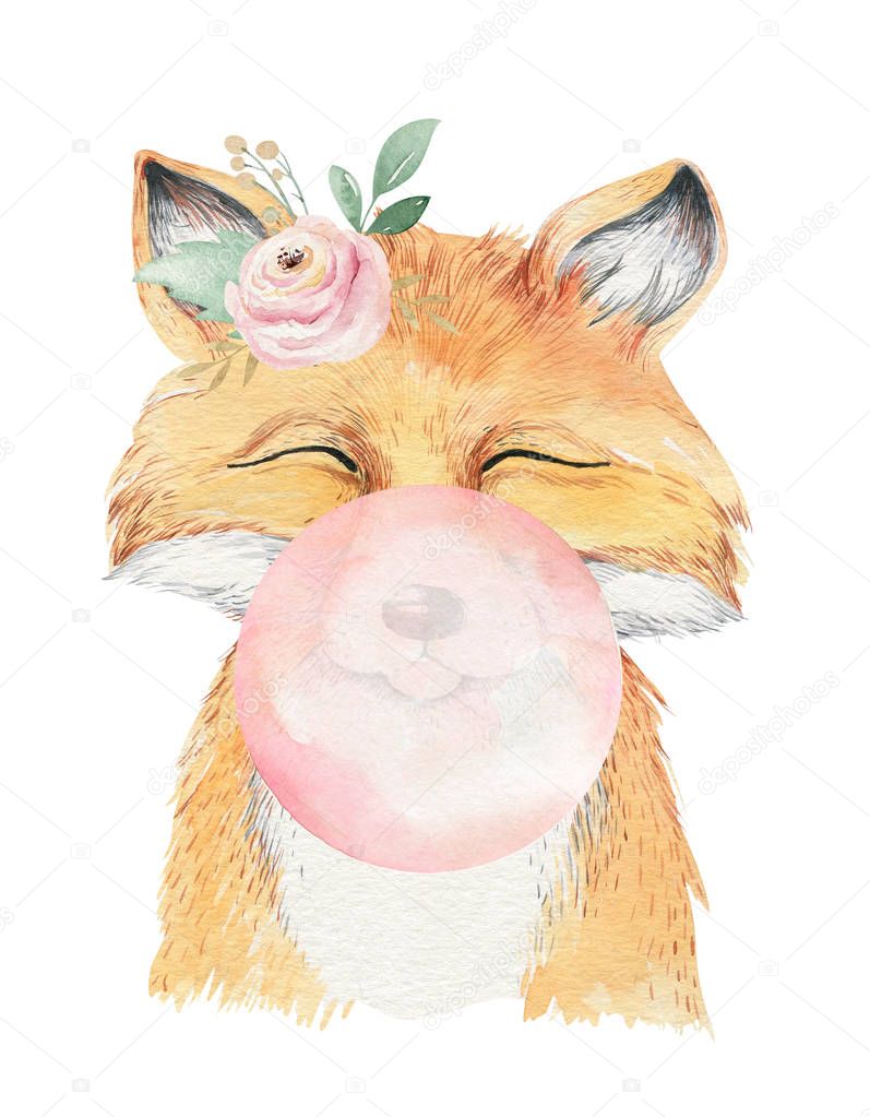 Watercolor forest cartoon isolated cute baby fox, animal with flowers. 
