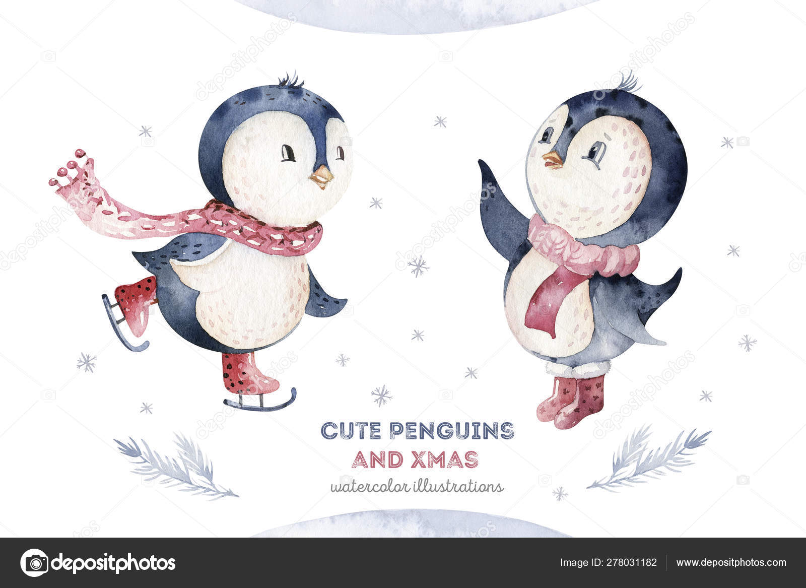 水彩メリークリスマスキャラクターペンギンイラスト 冬の漫画孤立かわいい面白い動物のデザインカード ストック写真 C Mykef