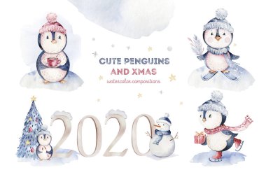 Suluboya neşeli noel karakteri penguen illüstrasyon. Kış karikatür izole sevimli komik hayvan tasarım kartı