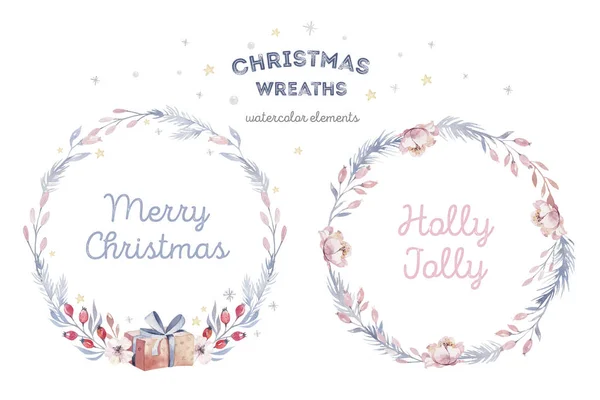 Christmas Card Watercolor Painting Hand Lettering Berry Wreath Christmas — Stock Photo, Image