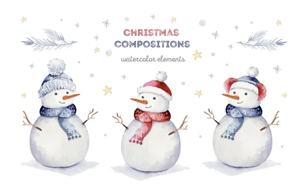 Aquarel Merry Christmas Set Van Karakter Snowmans Illustratie Winter Vakantie — Stockfoto