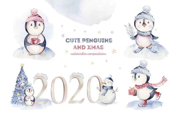 Akwarela Wesołych Świąt Charakter Pingwina Ilustracji Zima Kreskówka Białym Tle — Zdjęcie stockowe