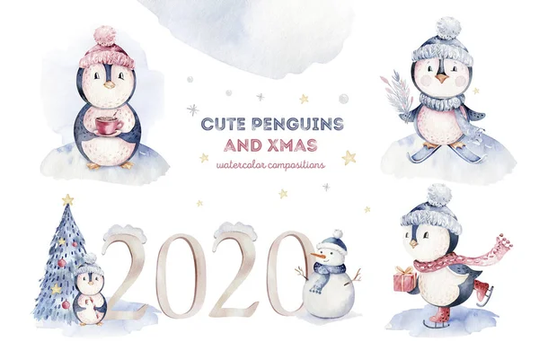 水彩メリークリスマスキャラクターペンギンイラスト 冬の漫画孤立かわいい面白い動物のデザインカード ストック写真 C Mykef