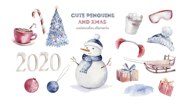 Aquarelle Joyeux Noël Personnage Pingouin Illustration Caricature Hiver Isolé Mignon — Photo