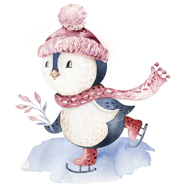 Akvarell Boldog Karácsonyi Karakter Pingvin Illusztráció Téli Karikatúra Elszigetelt Aranyos — Stock Fotó