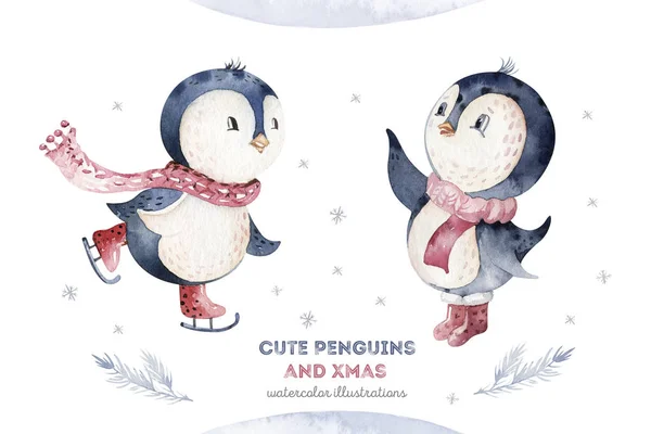 Aquarel Merry Christmas Karakter Pinguïn Illustratie Winter Cartoon Geïsoleerd Schattig — Stockfoto