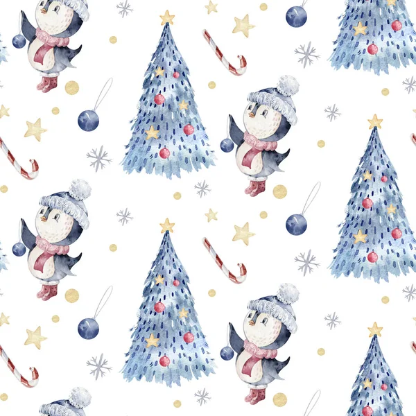 Бесшовный Рождественский Узор Птицами Пингвинами Елкой Снежинками Ветвями — стоковое фото