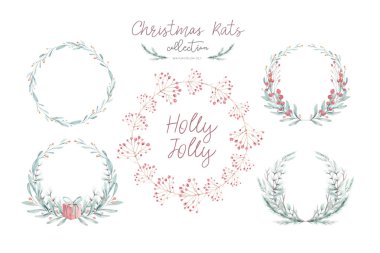 Giyinik suluboya Noel kartı. El çizimi Noel süsü. Kış tatili tasarımı. Noel tebrik kartı için böğürtlen çelengi.