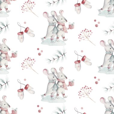 Şirin bir çizgi roman Noel fareleri Noel kartı. Suluboya elle çizilmiş hayvan resimleri. Yeni yıl 2020 tatil çizimi