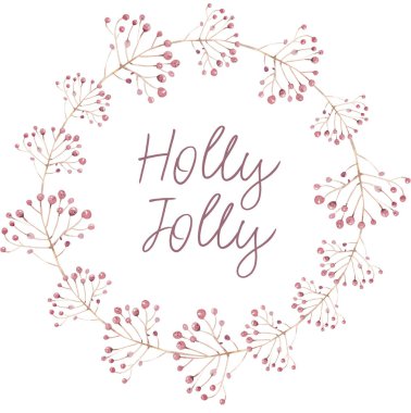 Giyinik suluboya Noel kartı. El çizimi Noel süsü. Kış tatili tasarımı. Noel tebrik kartı için böğürtlen çelengi.