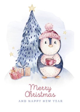 Suluboya mutlu noel karakteri penguen çizimi. Kış çizgi filmi sevimli hayvan tasarım kartını izole etti. Kar tatili penguenleri.