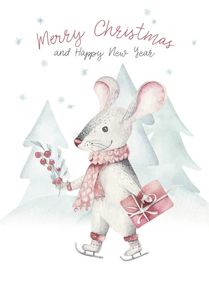 Mignon Dessin Animé Rat Noël Carte Noël Souris Aquarelle Illustration — Photo