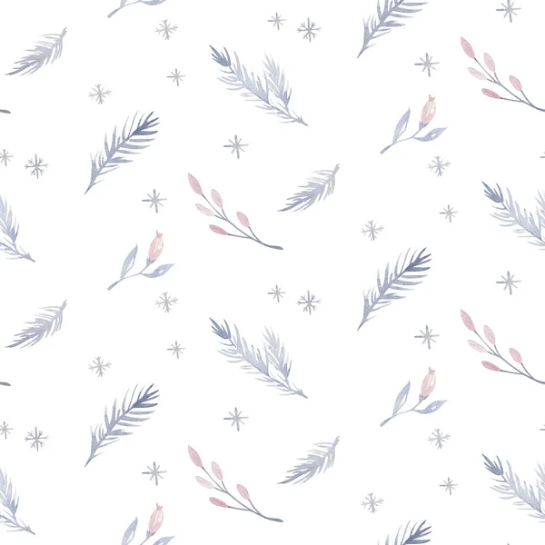 Akvarel Bezešvné Vánoční Vzor Stromem Vločky Větve Borovice Winter Sněhu — Stock fotografie