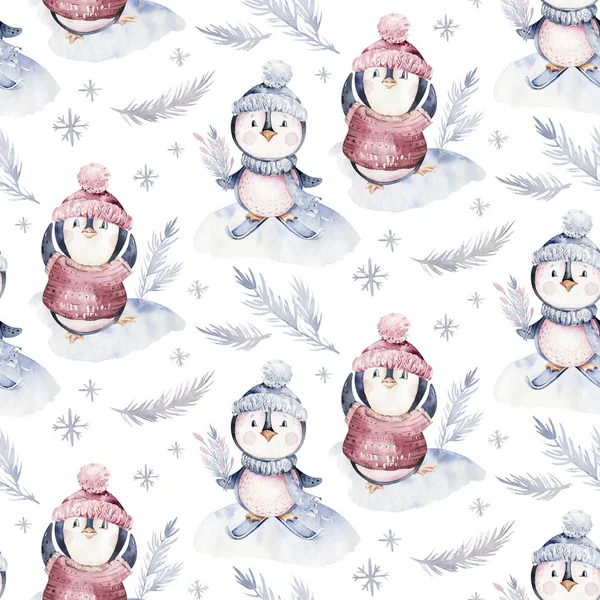 Bezproblemowy Wzór Świąteczny Ptakami Pingwinami Drzewami Płatkami Śniegu Gałęziami Ręcznie — Zdjęcie stockowe