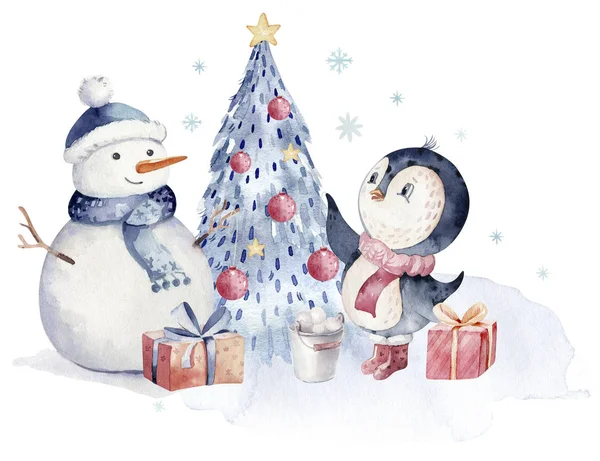 水彩画的快乐圣诞字符企鹅插图 冬季卡通片隔离了可爱有趣的动物设计卡片 白雪公主圣诞企鹅 — 图库照片