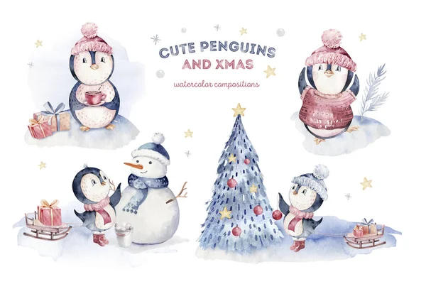 Acuarela Feliz Navidad Carácter Pingüino Ilustración Dibujos Animados Invierno Aislado —  Fotos de Stock