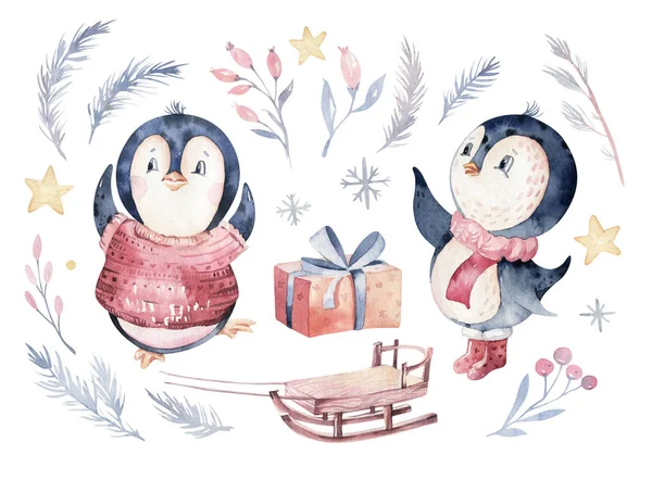 Υδατογραφία Καλά Χριστούγεννα Χαρακτήρα Πιγκουίνος Εικόνα Χειμερινό Καρτούν Απομονωμένο Χαριτωμένο — Φωτογραφία Αρχείου