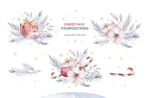 Ensemble Aquarelles Noël Éléments Illustration Isolée Hivernale Design Vacances Avec — Photo