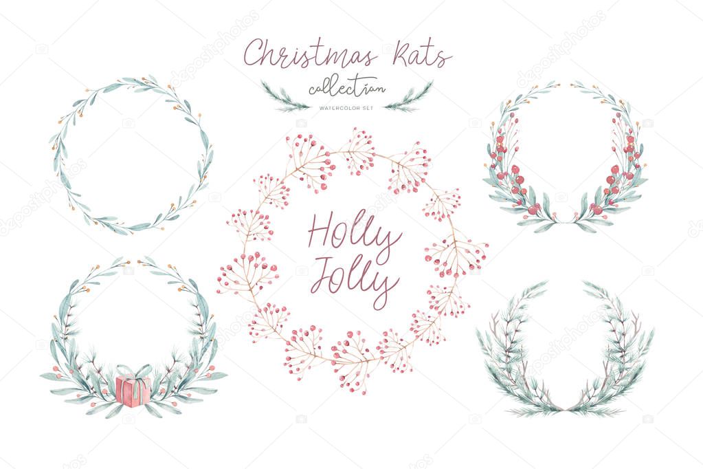 Watercolor Christmas card with wearth. Hand drawing christmas decoration. Winter holiday design. Berry wreath for Christmas greeting card.