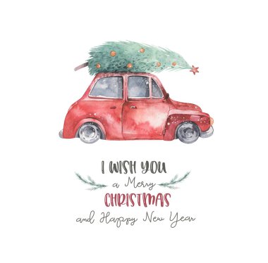 Suluboya Noel kartı taşıma illüstrasyonu. Mutlu Xmas kış ağacı tasarımı. Yeni yıl antika arabalar.