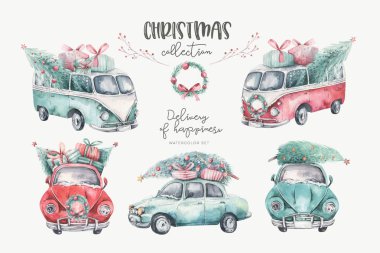 Suluboya Noel tatili. Kırmızı ve yeşil ulaşım resimleriyle kusursuz desen. Mutlu Xmas araba kış tasarımı. Elle boyanmış yeni yıl antika arabalar duvar kağıdı arka plan