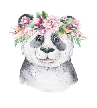 Bebek pandalı bir poster. Suluboya karikatür panda tropik tasarım baskı.