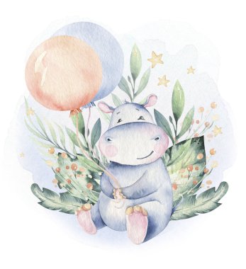 El çizimi şirin tropikal yaz suluboya su aygırı hayvanları. hipopotam bebek ve anne çizgi film hayvan çizimleri, orman ağacı, Brezilya moda tasarımı.