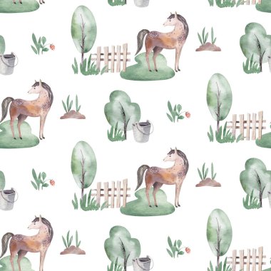 Tatlı çiftlik hayvanlarıyla suluboya desenli keçi, at, kaz ve inek. tavuk ve domuz evcil hayvan çizimi.