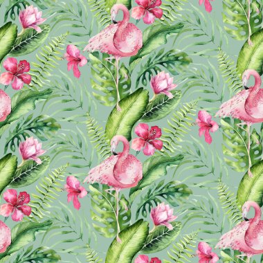 Elle çizilmiş suluboya tropik kuş flamingo seamless modeli. Egzotik kuş illüstrasyonlar, Orman ağacı, Brezilya moda sanat gül. Kumaş tasarım için mükemmel. Aloha