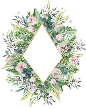 El ile flamingo suluboya tropikal altın florariums çekilmiş. Metin, orman egzotik backgraund mükemmel düğün Aloha davetiyesi için egzotik florarium çerçeve resimler