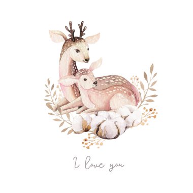 Watercolor little deer baby and mother watercolour bembi cartoon baby nursery. Forest funny young deer illustration. Fawn animal. Mom and baby clipart