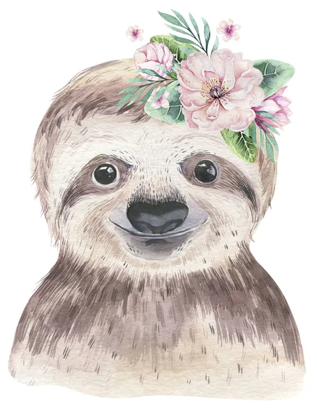 Poster Baby Sloth Watercolor Cartoon Sloth Tropical Animal Illustration Jungle — Stock Photo, Image