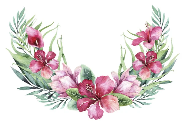 Aquarell Handgezeichnete Blumensträuße Mit Tropischen Pflanzen Und Blumen — Stockfoto