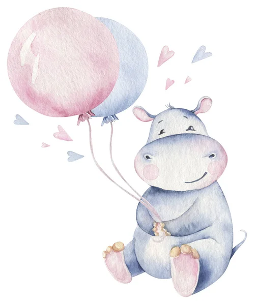 Hand Drawn Cute Isolated Tropical Summer Watercolor Hippo Animals Hippopotamus — Stock Photo, Image