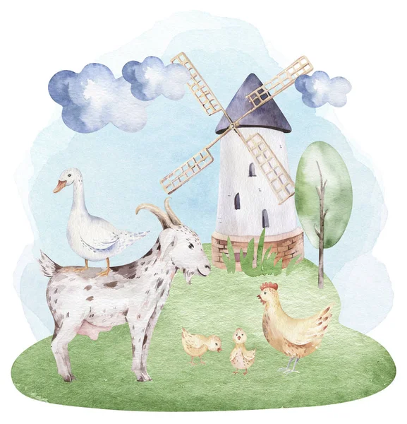 Farms Animal Set Cute Domestic Pets Watercolor Illustration Horse Goose — Stock Photo, Image