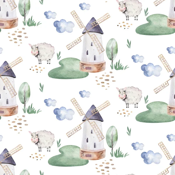 watercolor seamless pattern with cute farm animals with goat, horse, goose and cow. chicken and pig domestic animal illustration.