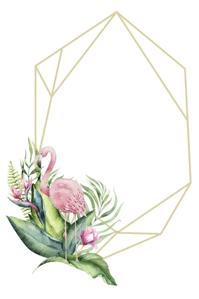 Florari Oro Tropicale Acquerello Disegnati Mano Con Fenicottero Illustrazioni Esotiche — Foto Stock