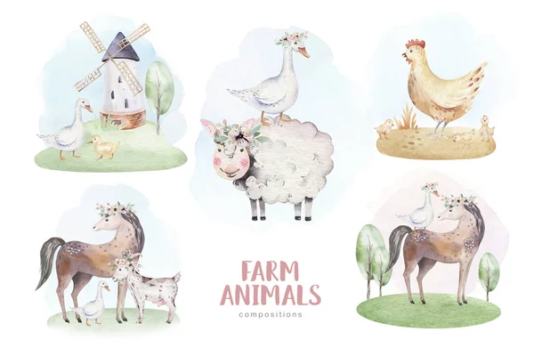 farms animal set. Cute domestic pets watercolor illustration. horse and goose. pig design with goat. rooster chicken and sheep, cow