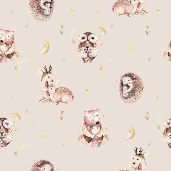 Watercolor baby hedgehog and mother cartoon owls, bear and deer seamless pattern. Woodland cute owl hand drawn kid texture, bird background. Children funny painting. Fabric