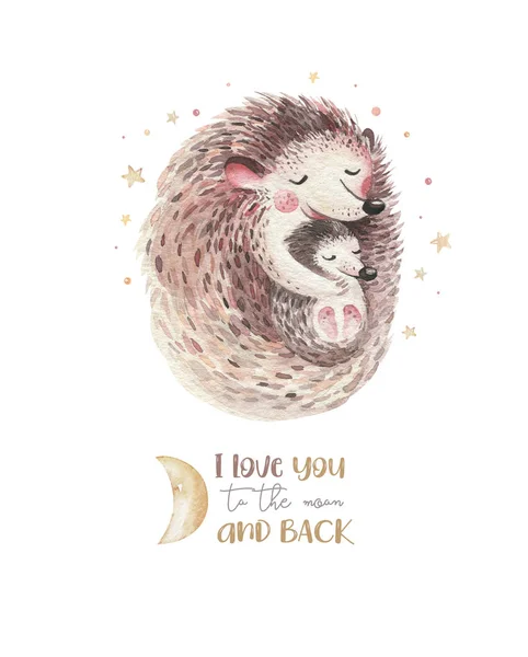 Watercolor Mors Dag Kort Mother Hedgehog Omfamna Sitt Barn Little — Stockfoto