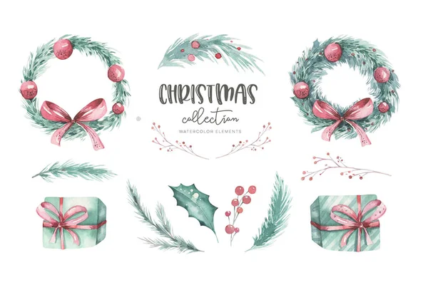Watercolor Christmas set of wreath with christmas tree spruce branches, flower and berries on a white background isolated. Holiday decoration winter element Scandinavian invitation style