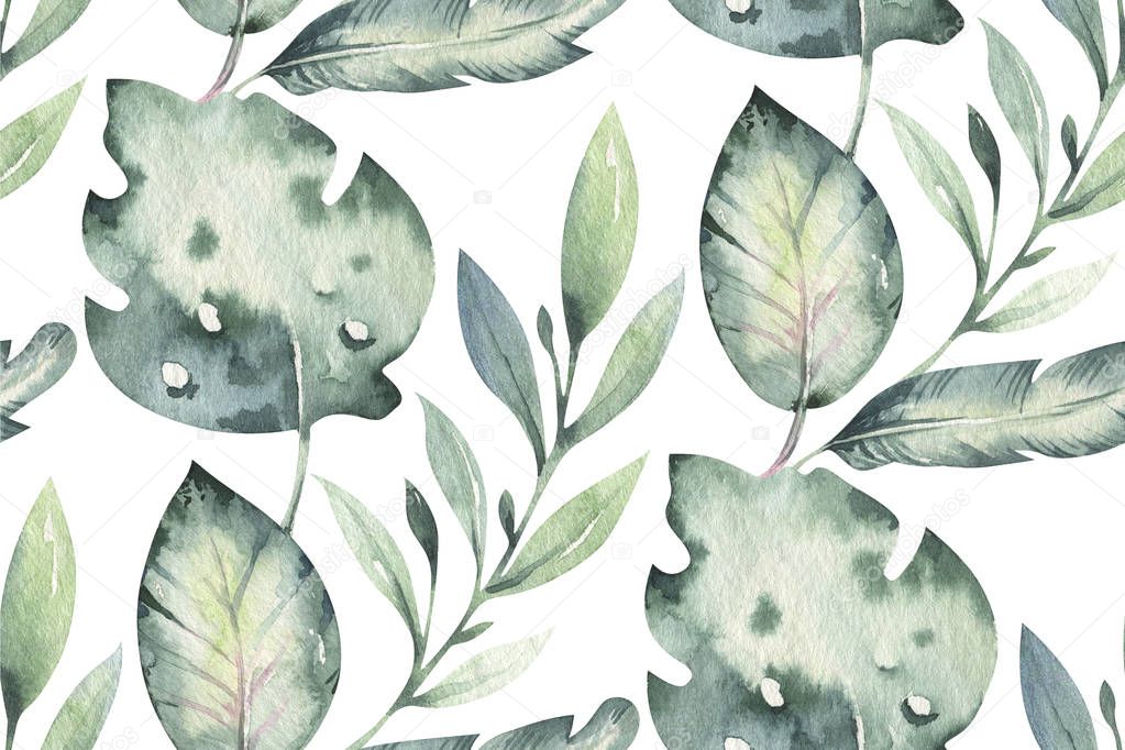 Hand drawn watercolor tropical flower seamless pattern. Exotic palm leaves, jungle tree, brazil tropic botany elements and flowers. Perfect for fabric design. Aloha collection.