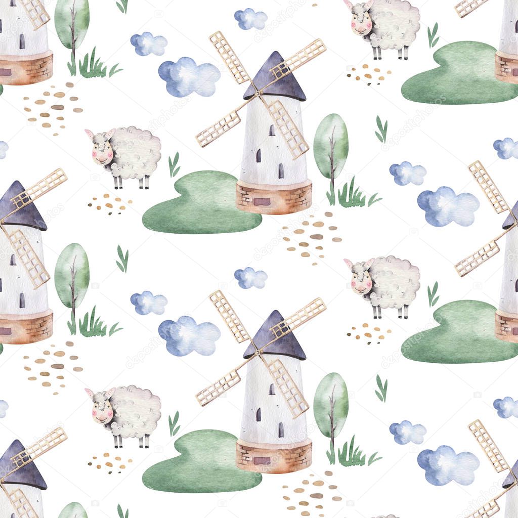watercolor seamless pattern with cute farm animals with goat, horse, goose and cow. chicken and pig domestic animal illustration.