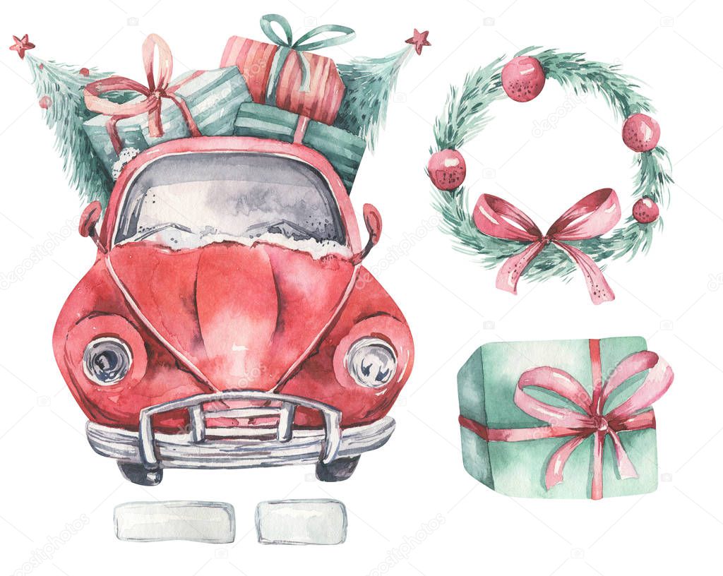 Watercolor christmas holiday card transportation illustration. Merry Xmas winter tree design. New year retro vintage cars